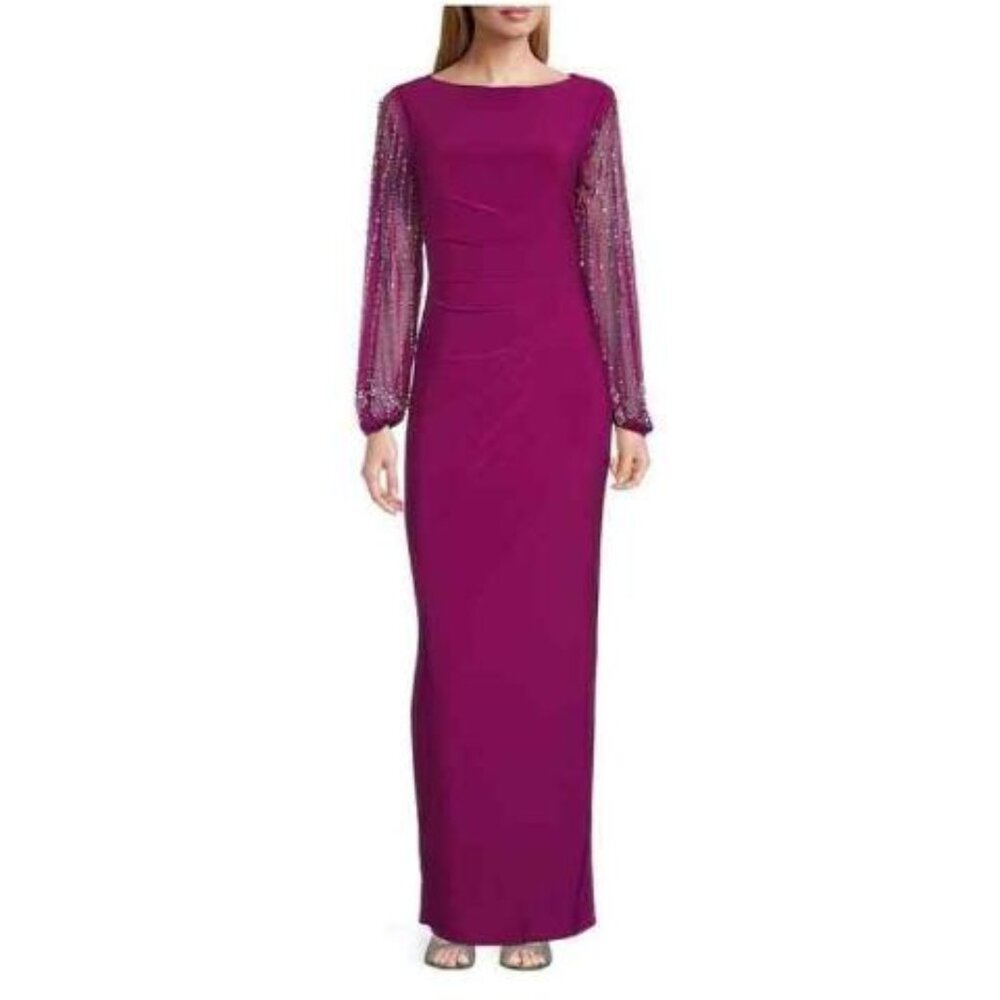 Boat Neck Long Beaded Elastic Cuff Sleeve Matte Jersey Back Slit Sheath Gown